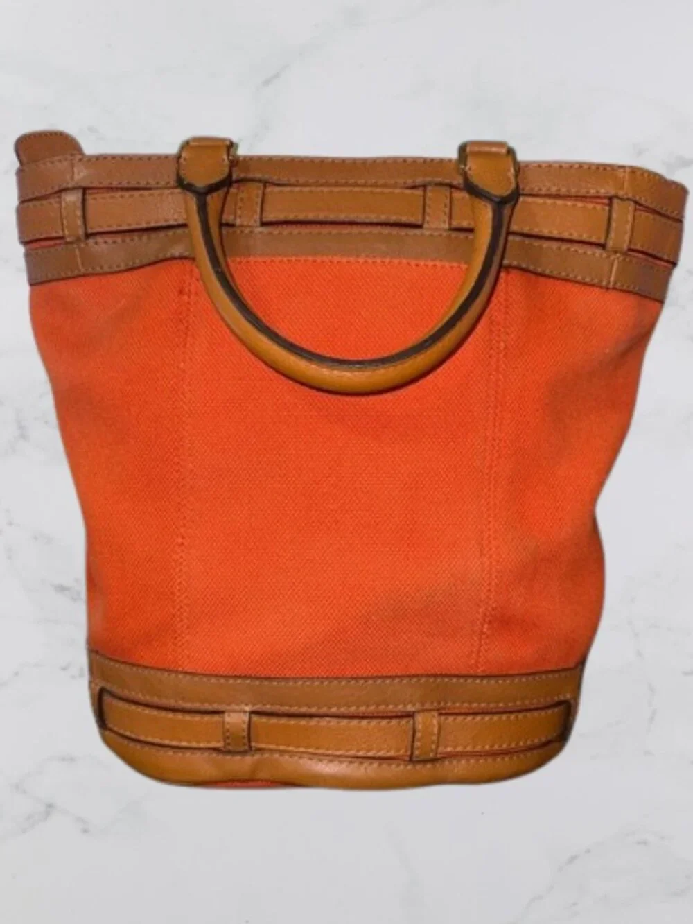 Michael Kors Kingsbury Orange Canvas Bucket Bag Cognac Leather Crossbody - Picture 3 of 13